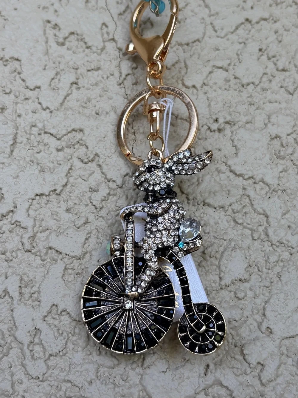 Adorable Crystal Bunny on a Vintage Bicycle Keychain